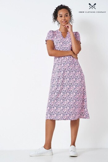 Crew Clothing Shirt Company Multi Blue Floral Print  Jersey Dress (N16417) | £65