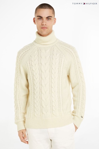 Tommy Corp Hilfiger Cream Cable Roll Neck Sweater (N16445) | £180