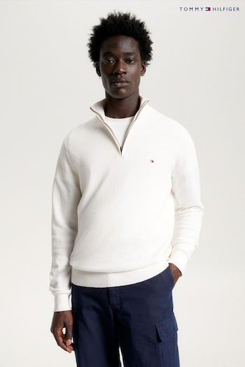 Tommy Sostenible Hilfiger Pima Cashmere Blend Zip White Sweater (N16462) | £130