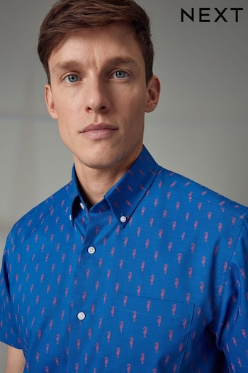 Blue/Pink Seahorse Easy Iron Button Down Short Sleeve Oxford Shirt (N16904) | £20