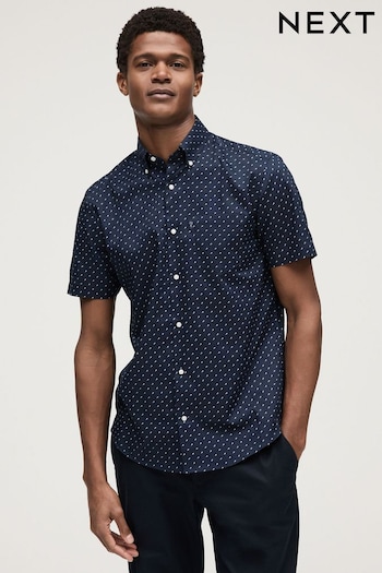 Navy Blue Regular Fit Short Sleeve Easy Iron Button Down Oxford Shirt (N16905) | £20