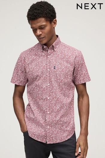 Burgundy Red Floral Easy Iron Button Down Short Sleeve Oxford Shirt (N16909) | £20