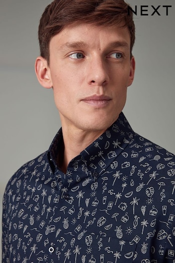 Navy Blue Holiday Print Easy Iron Button Down Short Sleeve Oxford Shirt (N16918) | £20