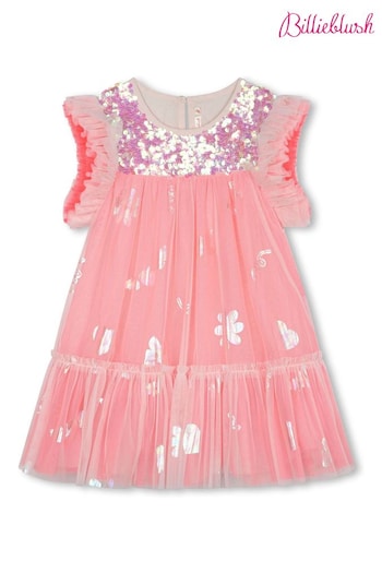 Billieblush Pink Glitter Mesh Frill Sleeve Party Dress (N16925) | £100