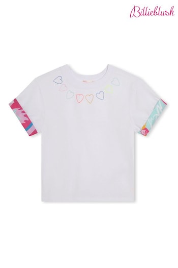 Billieblush Short Sleeve White T-Shirt With Heart Embroidery & Contrast Hem (N16939) | £35