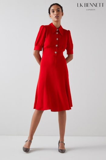 LK Bennett Red Esme Crepe Crystal Button Tea Dress (N17025) | £299