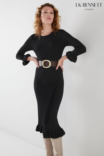 LK Bennett Rachel Rib Knit Frilled Black Dress (N17027) | £279