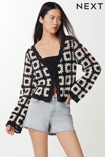 Black/White Longe Sleeve Crochet Cardigan (N17067) | £44