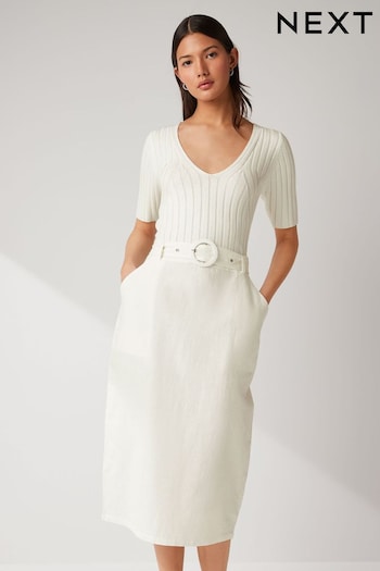 Ecru White Woven Mix Short  Sleeve Midi Dress (N17075) | £48