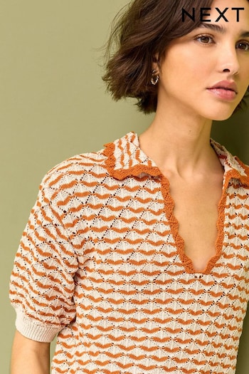 Orange Short Sleeve Stich Detail Polo Top (N17084) | £36