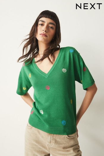 Bright Green Shell V-Neck Gem Button Linen T-Shirt (N17087) | £28