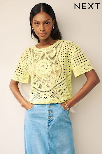 Yellow Short Sleeve Crochet Crew Neck T-Shirt (N17111) | £24