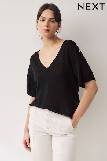 Black V-Neck Gem Button Linen T-Shirt (N17113) | £25