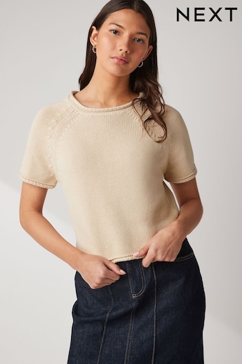 Neutral Brown 100% Cotton Roll Edge Knitted T-Shirt (N17114) | £29