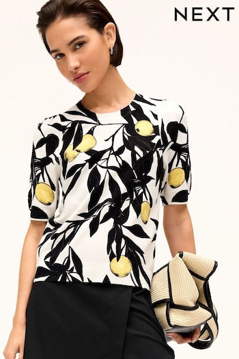 Ecru White/Black Lemon Print Round Neck Short Sleeve Knitted Top (N17116) | £28