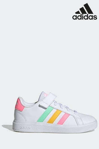 adidas White/Pink Sportswear Kids Grand Court Elastic Lace and Top Strap Trainers (N17123) | £28