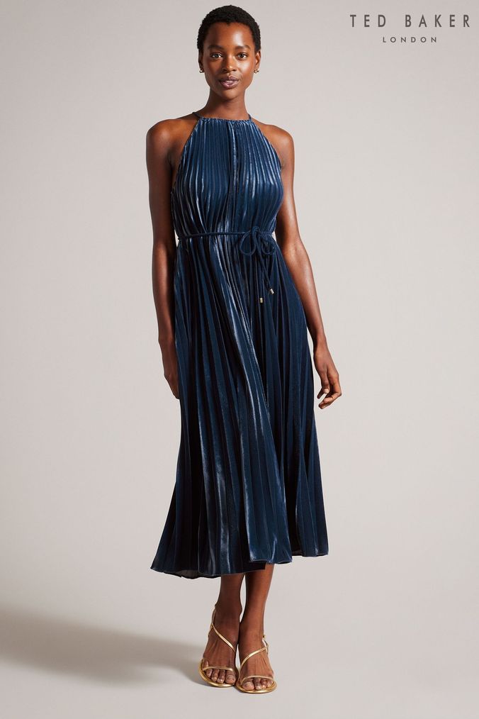 Ted Baker Blue Kassiah Pleated Halterneck Midi Dress (N17241) | £195