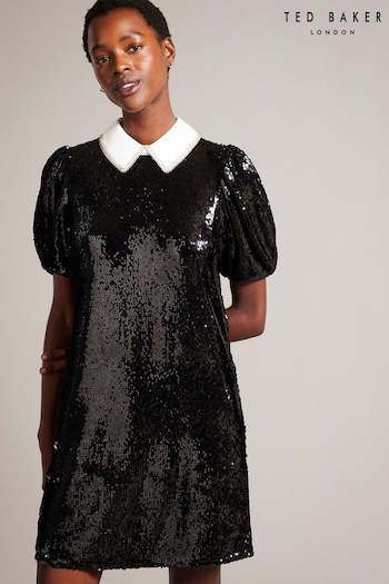 Ted Baker Zarell Black Sequin Shift Dress With Puff Sleeves (N17254) | £265