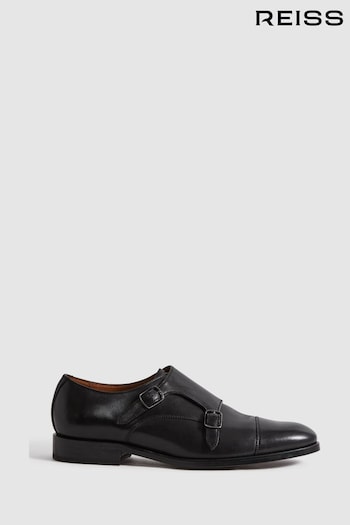 Reiss Black Amalfi Leather Double Monk Strap maddenverse Shoes (N17295) | £198