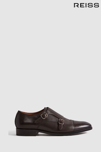 Reiss Dark Brown Amalfi Leather Double Monk Strap Shoes Cumulus (N17296) | £198