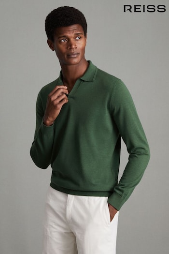 Reiss Hunting Green Milburn Merino Wool Open Collar Polo Shirt (N17305) | £98