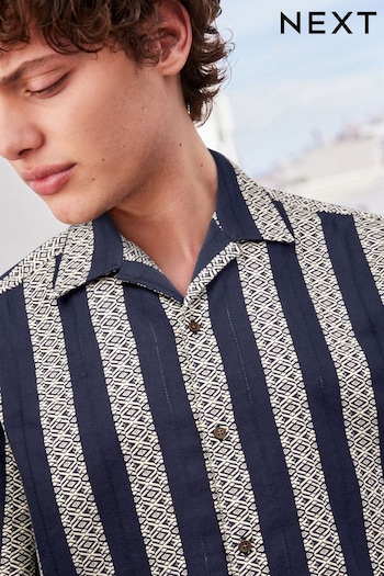 Navy Textured Stripe Short Sleeve Shirt With Cuban Collar (N17330) | £30