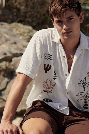 White Embroidered Short Sleeve Shirt with Cuban Collar (N17333) | £32