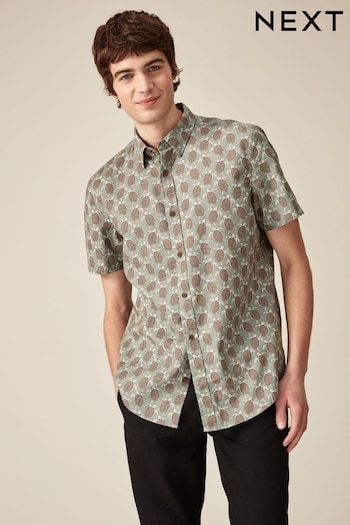 Green Linen Blend Printed Short Sleeve Shirt (N17339) | £30