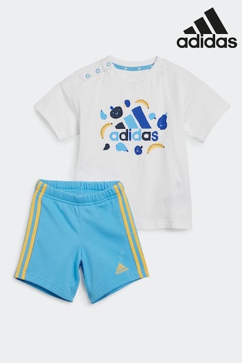 adidas White/Blue Kids Sportswear sulfur Essentials All-Over Print T-Shirts Set (N17388) | £25