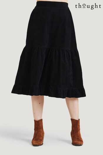 Thought Milou Organic Cotton Corduroy Tiered Midi Black Skirt (N17404) | £80