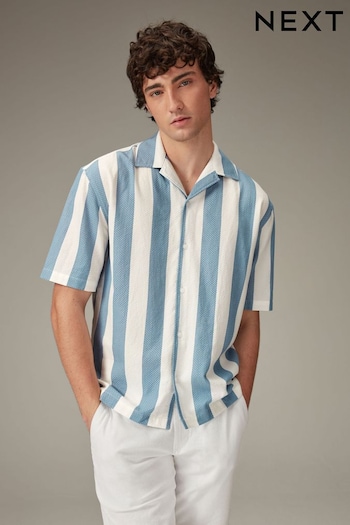 Blue Textured Stripe Short Sleeve Shirt with Cuban Collar (N17492) | £30