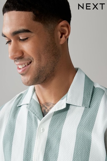 Green Textured Stripe Short Sleeve Shirt with Cuban Collar (N17502) | £30