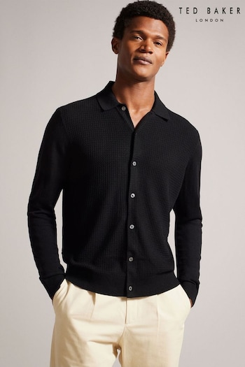 Ted Baker Black Oidar Long Sleeve Revere Collar Knitted Polo Shirt (N17538) | £95