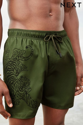 Khaki Green Tiger Regular Fit Printed Swim Shorts (N17777) | £18