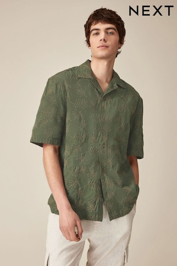 Green Textured Embroidered Short Sleeve Shirt with Cuban Collar (N17783) | £32