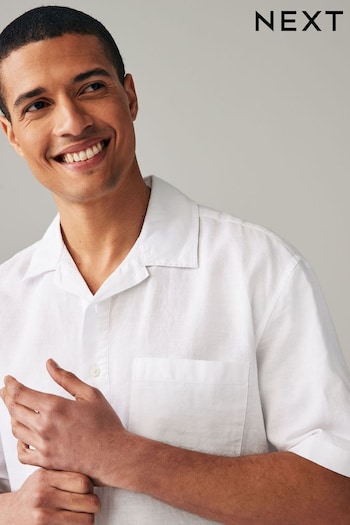 White Overhead Linen Blend Short Sleeve Shirt (N17785) | £28