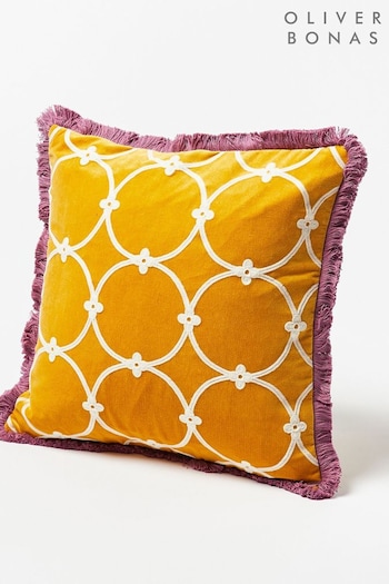 Oliver Bonas Yellow Embroidered Loop Yellow Velvet Cushion Cover (N17869) | £30