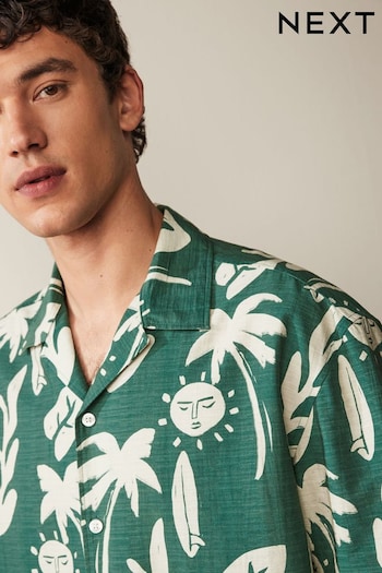 Green Printed Short Sleeve Shirt With Cuban Collar (N17905) | £30