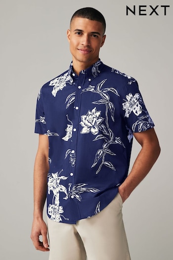 Navy Blue Floral Short Sleeve Shirt (N17909) | £30