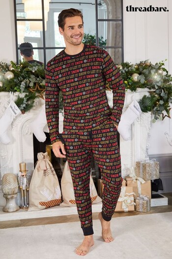 Threadbare Black Cotton Christmas Pyjamas Set (N18039) | £26