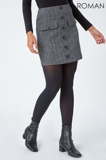 Roman Grey Tweed Look Button Stretch Skirt (N18077) | £26