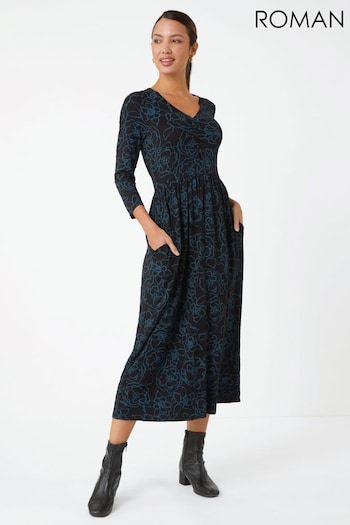 Roman Blue Floral Pocket Strecth Midi Dress (N18104) | £40