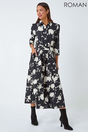 Roman Black Floral Stretch Midi met Shirt Dress (N18109) | £45