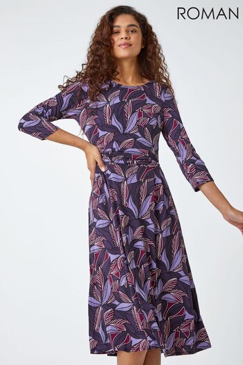 Roman Purple Leaf Print Gathered Stretch Dress (N18110) | £45