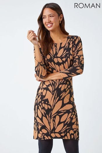 Roman Brown Butterfly Print Knitted Stretch Dress (N18111) | £45