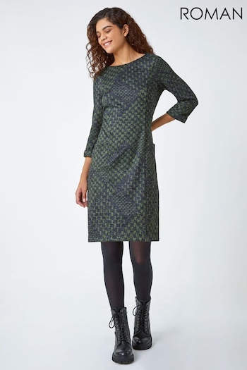 Roman Green Check Turn Sleeve Pocket Shift Dress (N18113) | £40