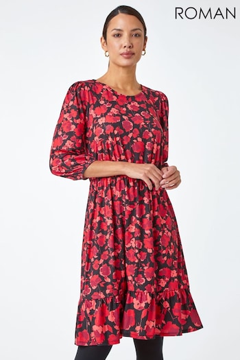 Roman Red Floral Poppy Print Frill Hem Dress (N18140) | £38