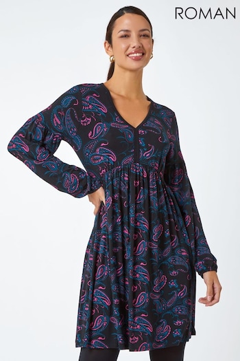 Roman Black/Pink Paisley Print Stretch Jersey Dress (N18141) | £40