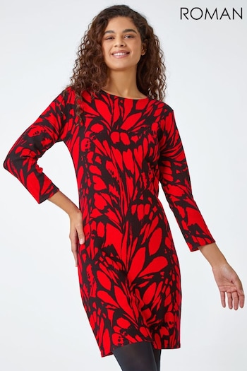 Roman Red Butterfly Print Knitted Stretch Dress Pro (N18145) | £45