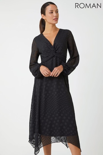 Roman Black Polka Dot Twist Detail Chiffon Dress (N18152) | £55